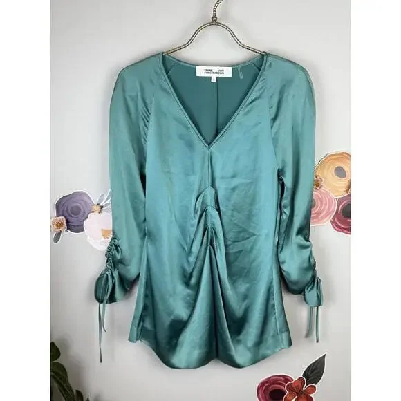 Diane Von Furstenberg Teal Gathered Front Satin V-Neck Blouse - Size - 2 - Picture 5 of 5